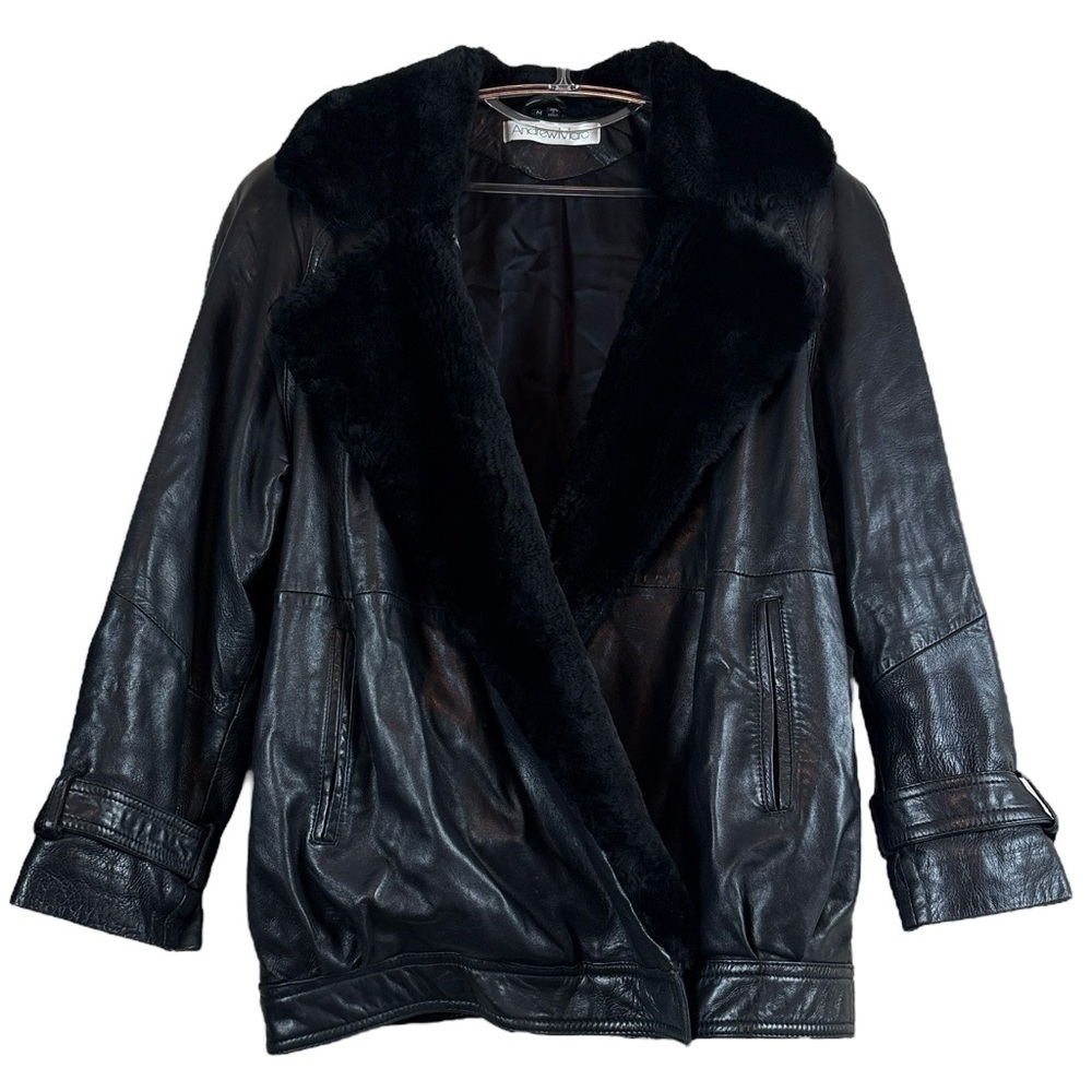 Andrew Marc Genuine Leather Italian Mouton Fur Trim Coat Jacket Black Size M